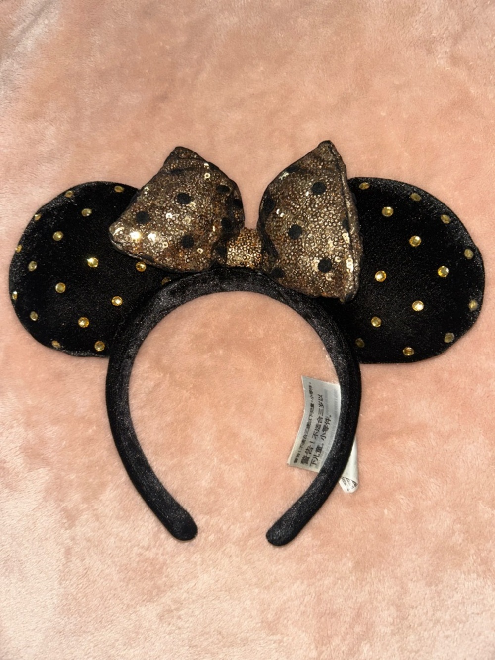 Disney Black Velvet Minnie Ears Headband with Gold Sequin Bow